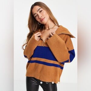 Mango half zip sweater in brown with blue contrast stripes, oversized XS